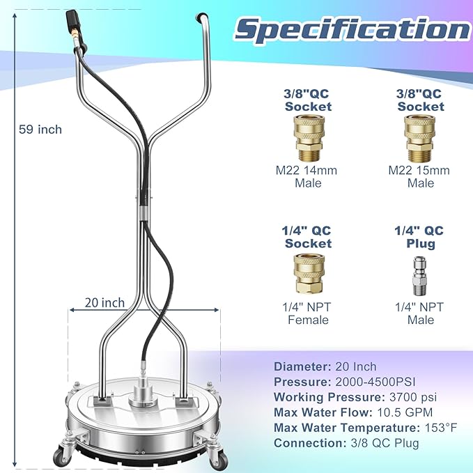 20" Pressure Washer Surface Cleaner, Stainless Steel Dual Handle Power Pressure Washer Attachment for Driveway Concrete Patio Cleaning, 4 Replacement Nozzles