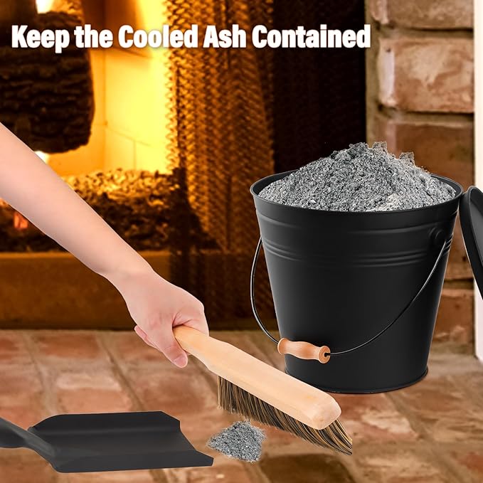 FEED GARDEN 3.5 Gallon Ash Bucket with Lid,Shovel,Broom and Screwdriver, Ash Can for Fireplace Fire Pits,Hearth,Wood Stoves,Fireplace Galvanized Iron Bucket,Pellet Charcoal BucketIndoor Outdoor，Black