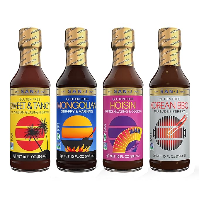 San-J - Variety Pack - Sweet and Tangy, Mongolian, Hoisin, Korean BBQ - All Gluten Free Cooking Sauces - Non-GMO - 10 oz. Bottles - 4 Pack