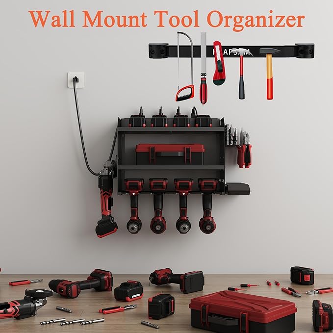 Power Tool Charging Station,Garage 4 Drill Power Tool Wall Organizer,Metal Tool Storage Rack,Cordless Drill for Garage Organization,Gifts for Men Dad Husband (Tool Holder + Magnetic Strip)