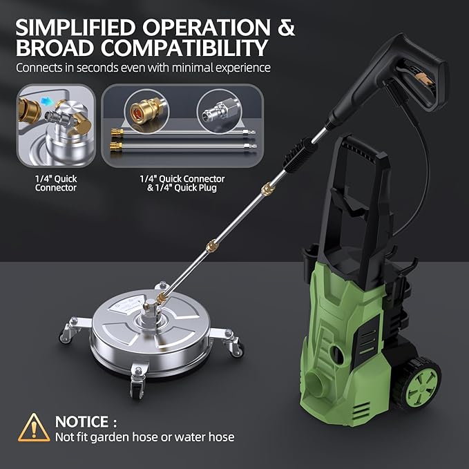 14" Pressure Washer Surface Cleaner 4500 PSI with 304 Industrial-grade Stainless Steel Housing,1/4” Quick Plug, 4 Universal Wheels, 2 x 15" Extended Wands, 2 Replacement Nozzles, 4 Spray Nozzle Tips