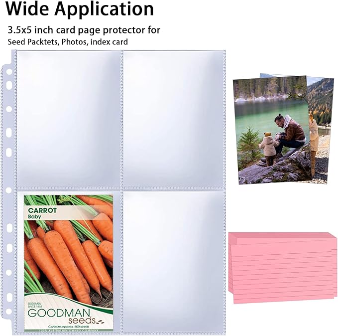 240 Pockets 3.5x5” Seed Packet Sleeves, 30 Pack Double Sided 4 Pocket Seed Organizer Sheet,Heavy Duty Garden Seeds Storage Pages for 3 Ring Binder, 8.5x11” Top Loading Clear Photo, Index Card Sleeves