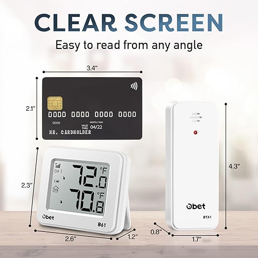 OBET Outdoor Thermometer Wireless Indoor Outdoor Digital Thermometer Greenhouse Thermometer Remote Temperature Monitor for House Home Room Patio B61-White