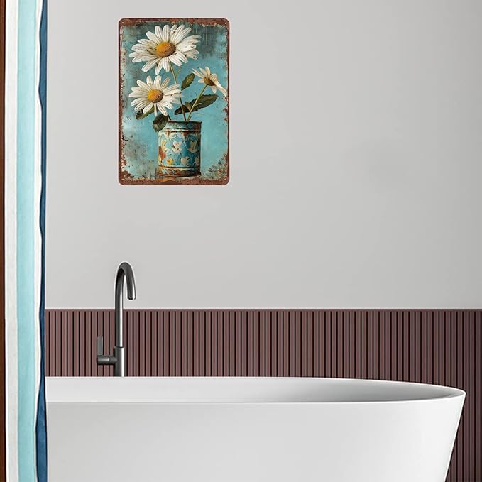 Metal Signs White Daisy Flower Vintage Metal Tin Sign for Home Office Kitchen Bar Cafe Garden Farmhouse Wall Decor 12x8 Inch