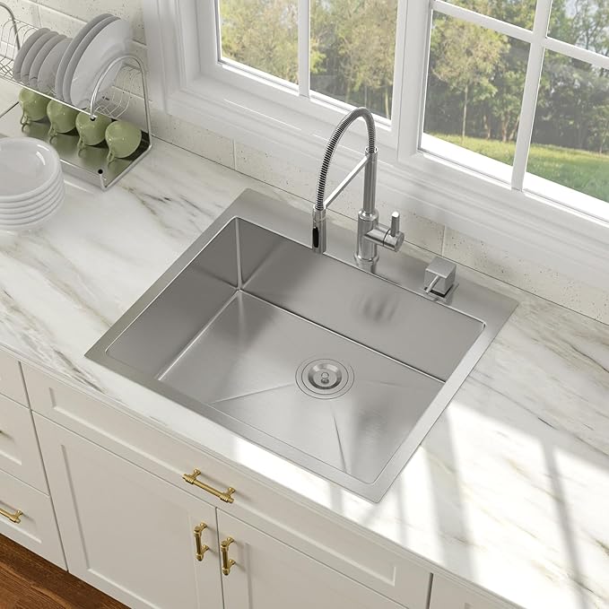 25 x 22 Inch Drop In Kitchen Sink Stainless Steel Single Bowl 25 Inch Drop In RV Laundry Utility Sink Large Deep Handmade Topmount Sinks 25"x22"x9"