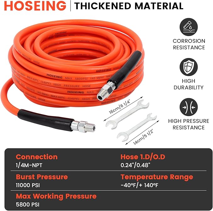 200FT Pressure Washer Sewer Jetter Kit, 5800 PSI Water Jet Drain Cleaner Hose with Corner Rotating Button Nose Nozzle, 1/4 Inch NPT, Sewer Jetter Nozzles Kit with Spanner Handle Strap