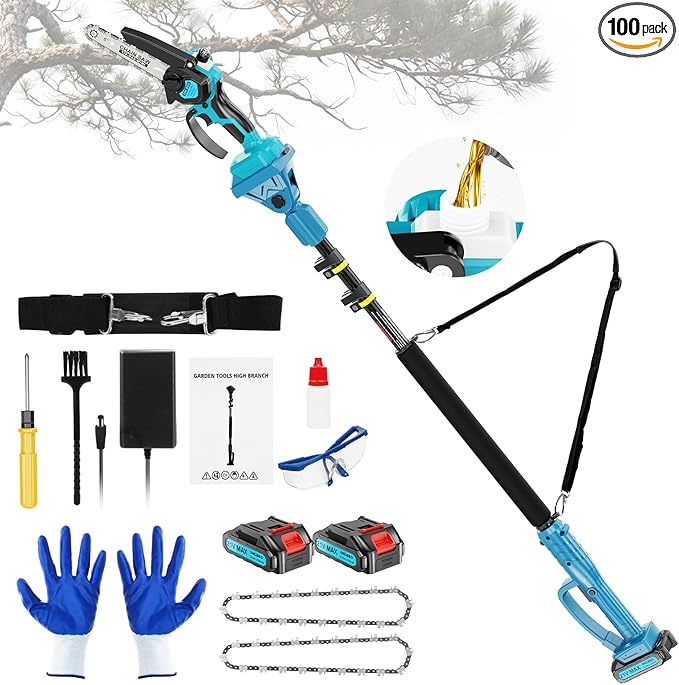 2-in-1 Cordless Pole Saw＆6 Inch Mini Chainsaw,16 FT Max Reach Pole Saw Battery Powered,Adjustable 180° Cutting Angle with 2 Battery,Pole Saws for Tree Trimming