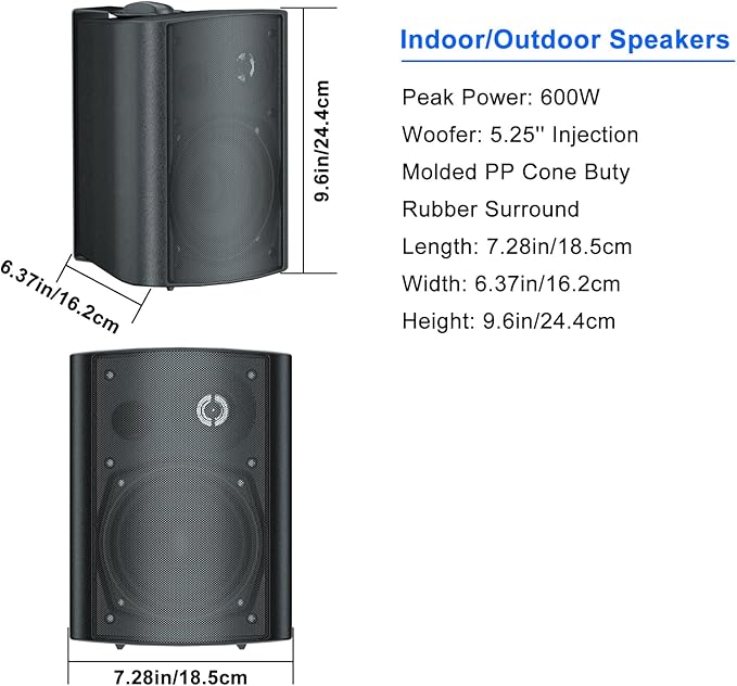STUDIOFINIX 5.25 Inch 600W Passive Wall Mount Speakers Weather Resistant Indoor Outdoor Speakers for Patio Garage Home,2 Pairs (Black)