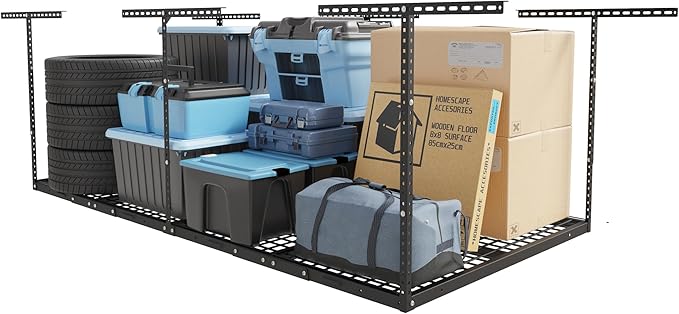 FLEXIMOUNTS 4x8 Overhead Garage Storage Rack, Adjustable Organization System, Heavy-Duty Metal Ceiling Racks, 750lbs Weight Capacity, Black