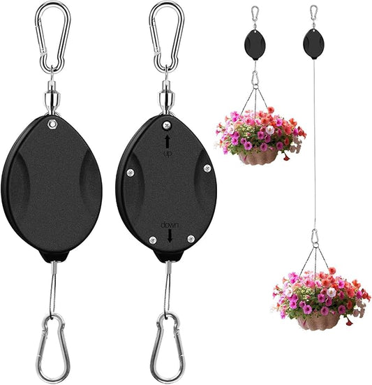 2025Upgraded 2Pcs Heavy Duty Retractable Plant Hanger, 44lbs Load, Auto Lock, Adjustable Hook for Hanging Plants, Bird Feeders, Wind Chimes, Garden Pots,Rust-Proof Stainless Steel,Black