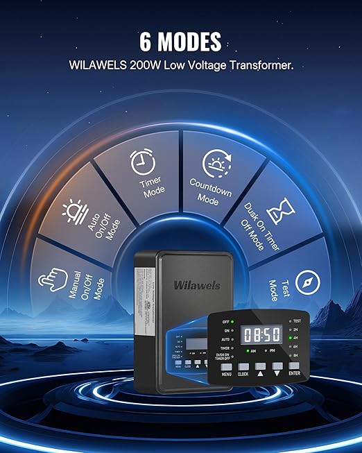 200W Low Voltage Landscape Transformer, Weatherproof Outdoor Low Voltage Transformer, 120V AC to 12/14V AC, Landscape Lighting Transformer with Timer and Photocell Sensor, ETL Listed D11LT06