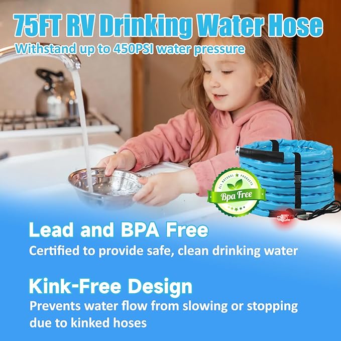 OEBLD Heated Water Hose for Rv (75ft L x 5/8"ID) 4.0 Upgraded Function with Energy Saving Thermostat to Keep Drinking Water Running in down to -45℉, Designed for Campers,with Storage Bag, Anti-Freeze