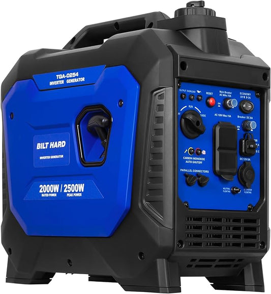 BILT HARD Generator 2500 Watt, Quiet Inverter Generator Portable 80cc 4 Stroke Engine, CO Sensor, Parallel Ready, 120V AC Duplex Receptacle and 12V DC Output, Outdoor Generators for Home Backup Use