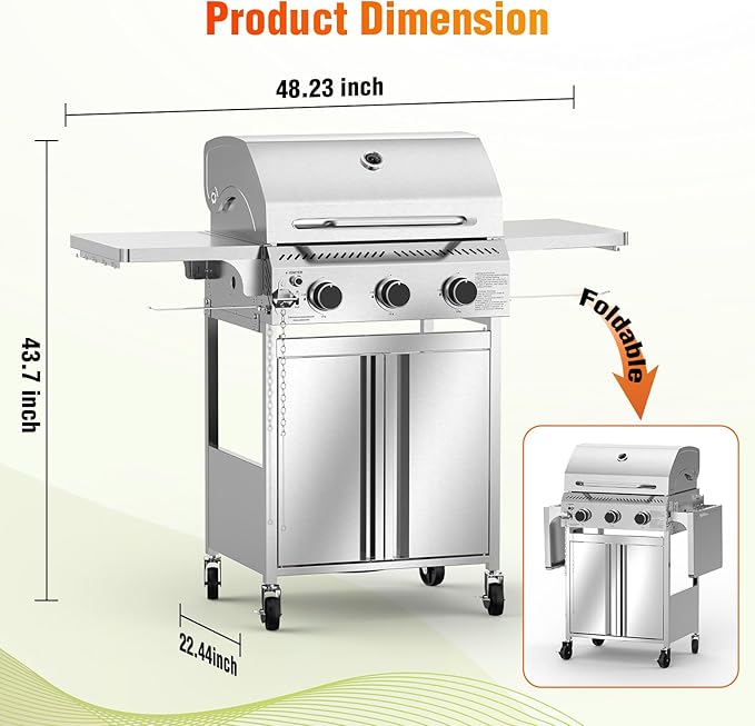 3-Burner Gas Grill with Folding Side Tables,Stainless Steel 24,000 BTU BBQ Grill,Outdoor Propane Grill for Barbecue,Patio,Camping