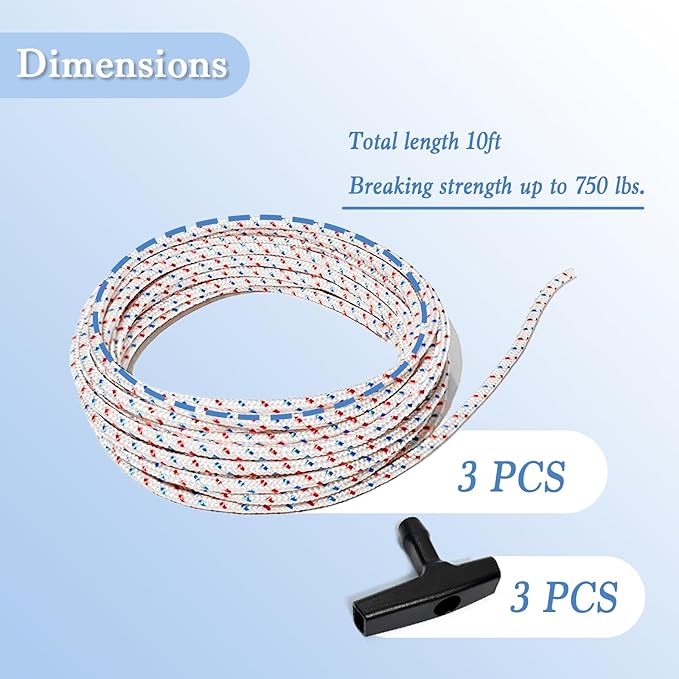 Heavy-Duty Pull Cord Rope Kit, 3Pack 10Ft 4.0MM Starter Rope with 3 Universal Handles for Lawn Mower Parts, Generator, Chainsaw, & Small Engines (for Briggs/Stratton/STIHL)