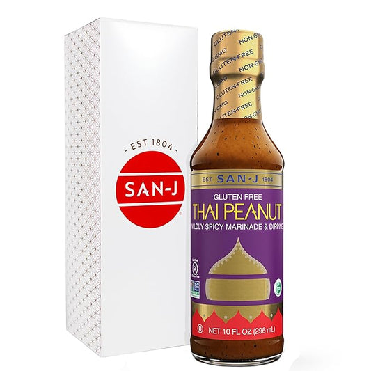 San-J - Gluten Free Thai Peanut Sauce -Traditional and Tasty Cooking Sauce - Non-GMO - 10 oz. Bottle