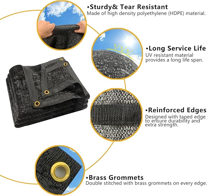 POYEE 90% 6.5ftx6.5ft Black Shade Cloth Taped Edge with Brass Grommets Garden Sun Shade UV Resistant Sunblock Shade Net for Outdoor Plants Vegetables Greenhouse