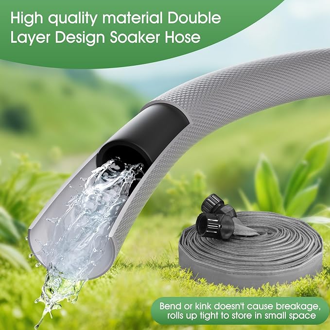 Flat Soaker Hose 50 FT*2Pack for Garden Beds, Linkable Drip Irrigation Hose, Double-Layer PVC, Leakproof & Kink-Resistant, Even Seepage Saves up to 80% Water