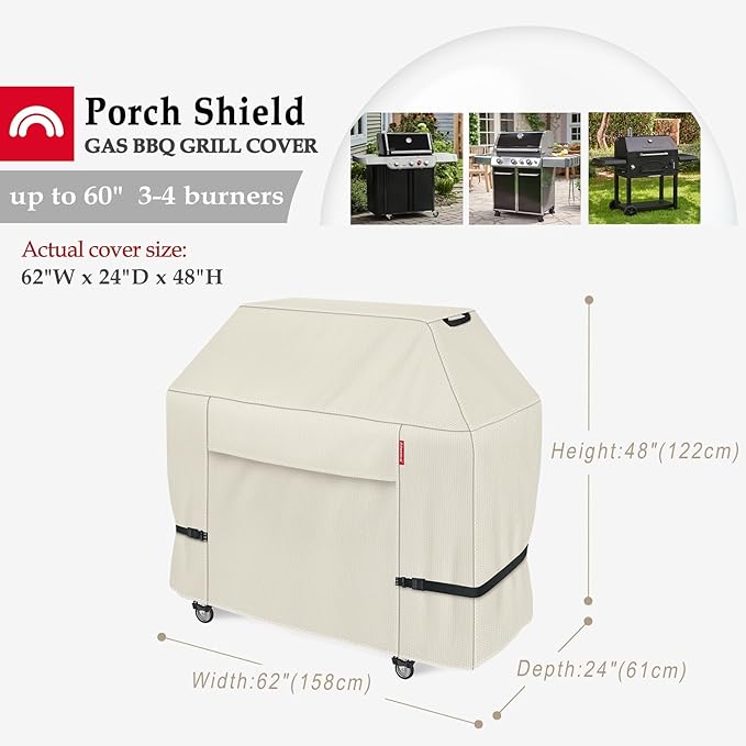 Porch Shield 62W x 24D x 48H inch Premium Gas Grill Cover Up to 60 inch, Waterproof and Fade Resistant 600D BBQ Covers for Weber, Brinkmann, Char-Broil and More, Light Tan