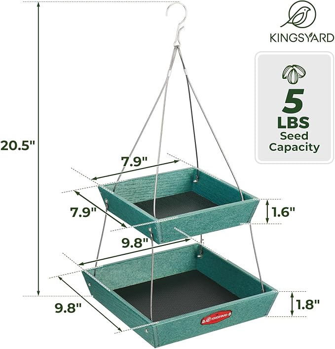 Kingsyard 2 Tier Platform Bird Feeder for Outdoors Hanging, Recycled Plastic Flat Bird Feeder Tray with Large Capacity 5 lbs, Garden Decoration Attracting Wildbirds, Green