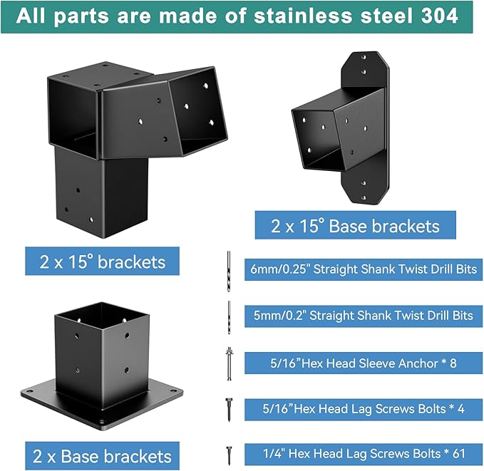 2 Pack Stainless Steel 15° Slanted roof pergola Bracket, firewood Sheds roof kit (3-Way End Corner), black