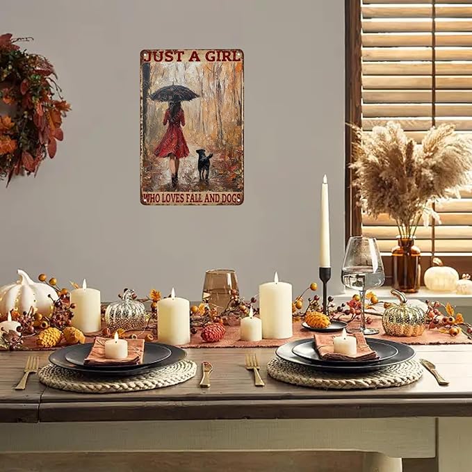 Metal Signs Just A Girl Who Loves Fall And Dogs Tin Signs Autumn Aluminum Sign for Living Room Bedroom Bar Cafe Yard Garden Office Wall Decor 12×8 Inch