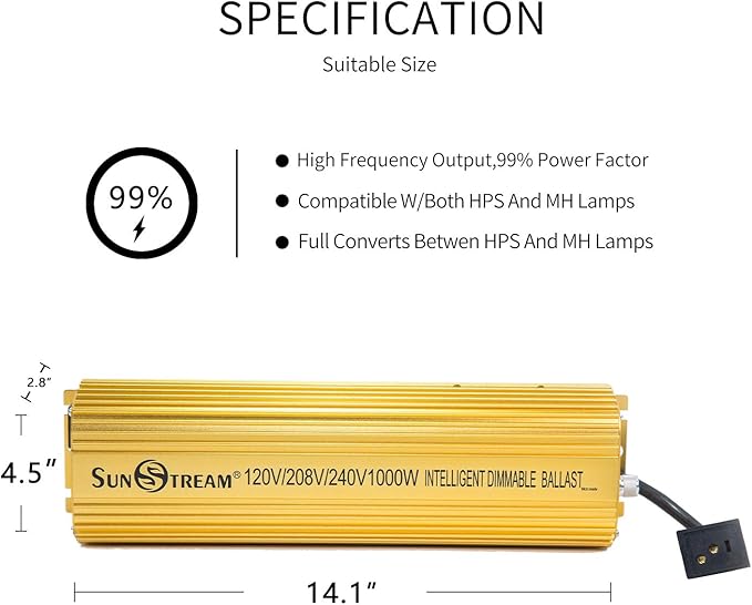 SunStream 1000 Watt HPS Light Dimmable Electronic Grow Light Ballast for Indoor Plant (Liteversio, Yellow)