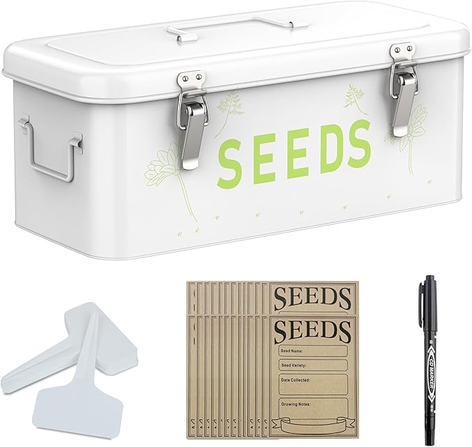 Orionstar Seed Storage Organizer, Metal Seed Saving Box with Lid, Seed Bin with 30 Plant Labels 30 Seed Envelopes 1 Marker Pens, 4 Compartments Box with Safety Locks, White