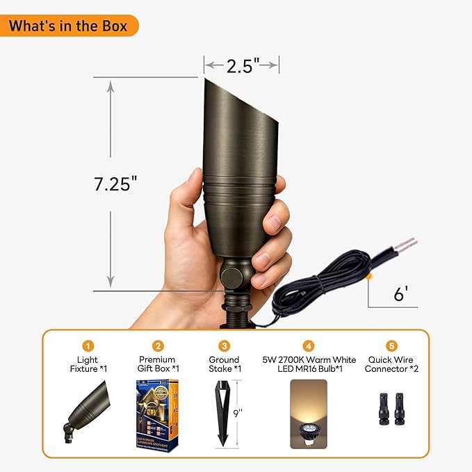 Spot Light Brass - Outdoor Landscape Spotlights LED, 12V Low Voltage Landscaping Uplights Hard-Wired, All Weather Bronze for Backyard Lawn with Warm White Changeable Bulbs (8 Pack)