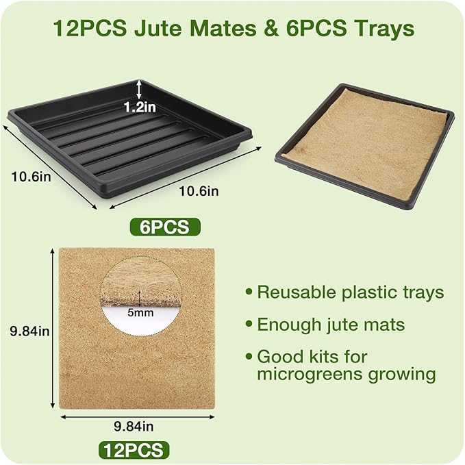 Microgreens Growing Kit, 12Pcs Hemp Mats with 6Pcs 10x10inch Growing Trays for Micro Greens Seeds Sprout, Herb Plant Starting Kit with Jute Pads for Indoor Germination Sprouts (Non-Hole Trays)