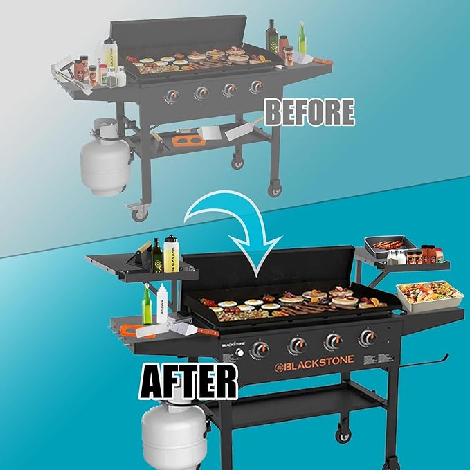 Upper Side Shelf with Griddle Caddy for Blackstone 36″/28″/28XL Griddles, Large Griddle Side Table with Bottle Holder for Easy Access, Blackstone Grill Accessories, Black (2 Pack)