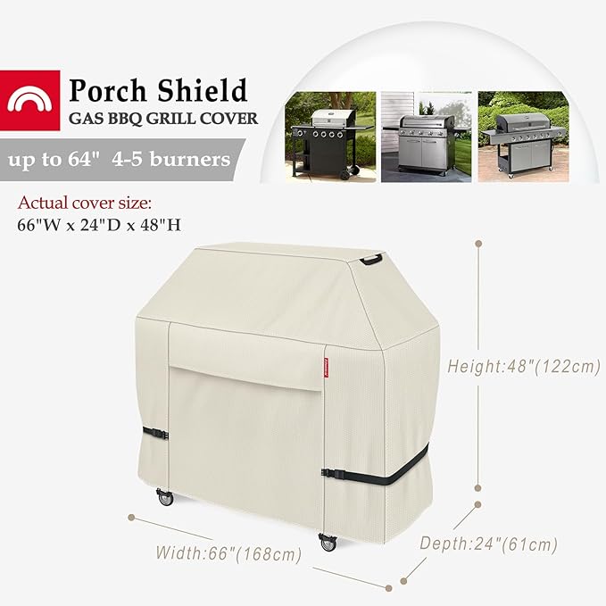 Porch Shield 64W x 24D x 48H inch Premium Gas Grill Cover Up to 64 inch, Waterproof and Fade Resistant 600D BBQ Covers for Weber, Brinkmann, Char-Broil and More, Light Tan
