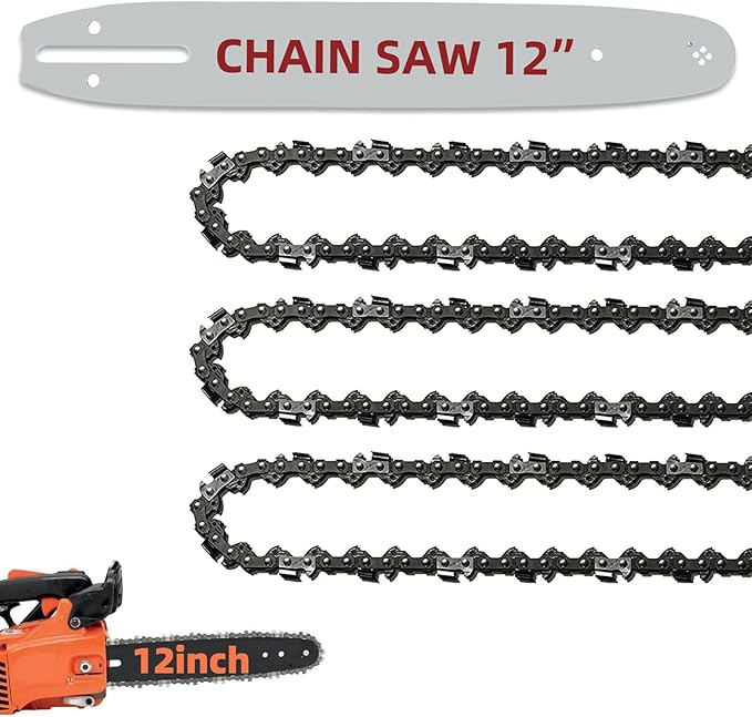 12 Inch Bar and Chain Combo, 12-Inch Replacement Chainsaw Bar and Chains Chains 3/8 LP Pitch .050" Gauge 45 Drive Links Compatible with Craftsman, Greenworks, Poulan, Echo (3Chains+1Bar)