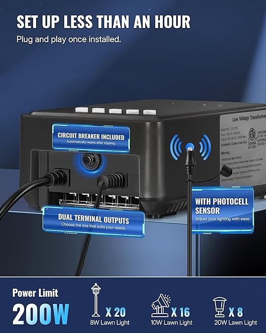 200W Low Voltage Landscape Transformer, Weatherproof Outdoor Low Voltage Transformer, 120V AC to 12/14V AC, Landscape Lighting Transformer with Timer and Photocell Sensor, ETL Listed D11LT06