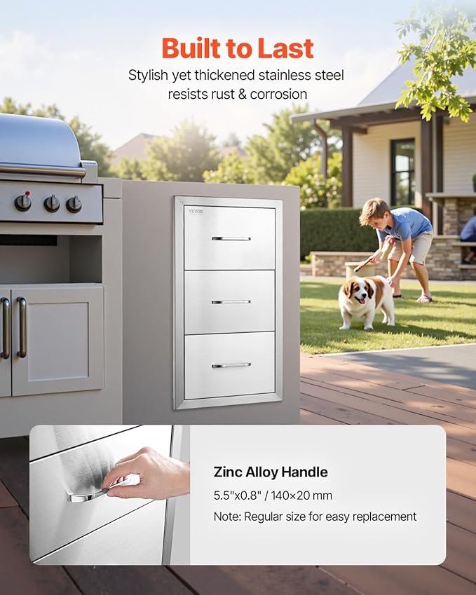 VEVOR Outdoor Kitchen Drawers 16" W x 28.5" H x 20.5" D, Flush Mount Triple Access BBQ Drawers with Stainless Steel Handle, BBQ Island Drawers for Outdoor Kitchens or BBQ Island Patio Grill Station