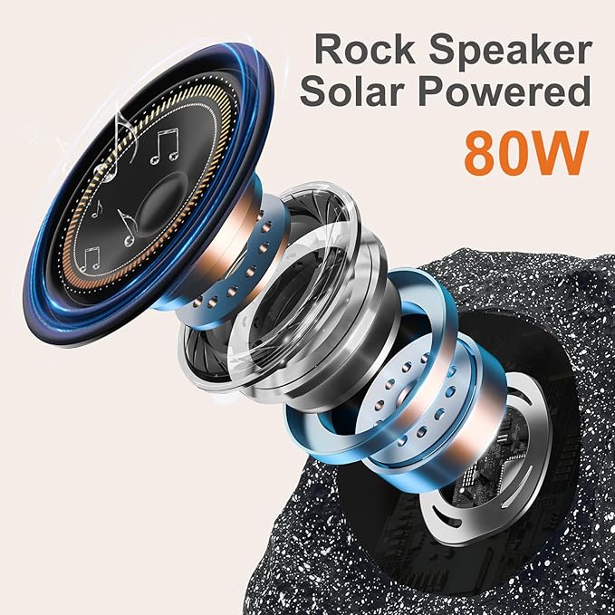 STUDIOFINIX 4" Outdoor Rock Speaker Waterproof Bluetooth Wireless Solar Powered with Rechargeable Battery for Patio, Deck, Pool, Garden(Single, Gray)