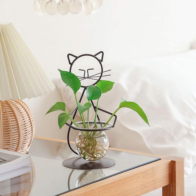 Marbrasse Desktop Glass Planter Vase Holder, Modern Creative Cat Plant Terrarium Metal Stand for Hydroponics Plants Home Garden Wedding Decoration Outdoor Planter Ideas (Style 2)