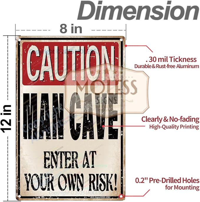 'Caution: Man Cave - Enter at Your Own Risk!' Funny Man Cave Decor for Men | 12x8″ Durable Vintage Metal Man Cave Signs Wall Decorations for Basement/Garage/Mancave, 2361
