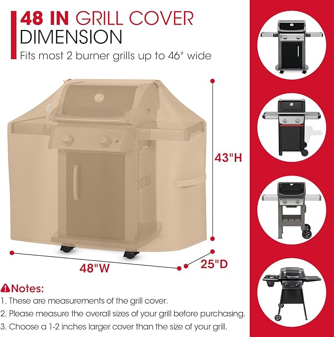Unicook BBQ Grill Cover for Outdoor Grill 48 Inch, Heavy Duty Waterproof 2 Burner BBQ Cover, Compatible with Weber Char-Broil and Nexgrill Gas Grills, All Weather Protection, Light Brown