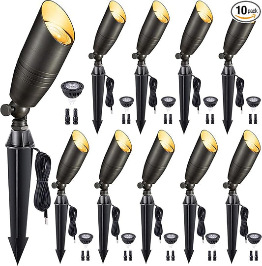 Low Voltage Spotlight LED - 12V Outdoor Light Fixture Weather Proof, Brass Landscape Lights Hardwired, Bronze Coastal for Flag Sign with Cool Light MR16 Removable Bulbs (10 Pack)