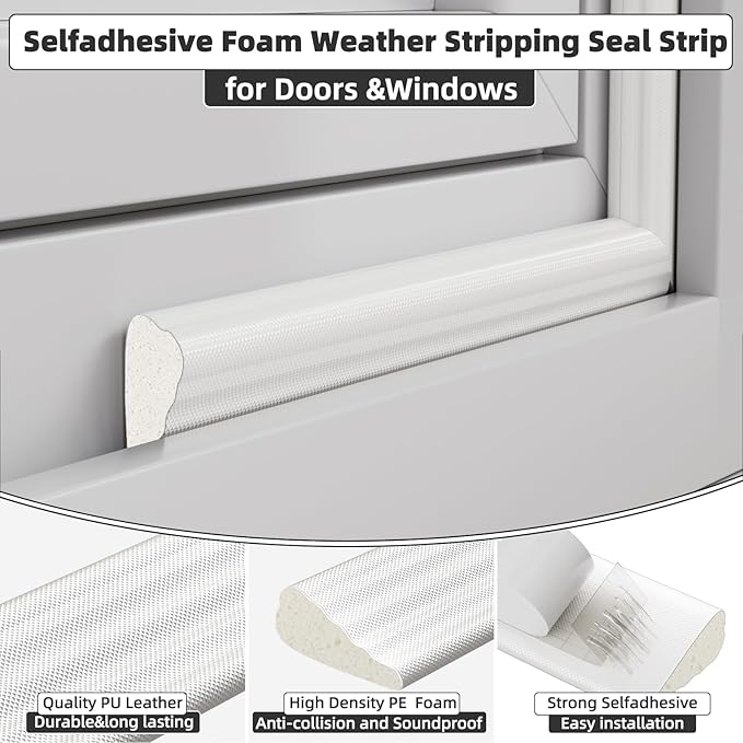 2 Pack*16.4 Ft Weather Stripping Seal Strip for Doors,Soundproofing Window Insulation Draft Stopper for Winter, Selfadhesive Foam Weather Strip for Door Frame,Door Gap Filler Noise Blocker(White)