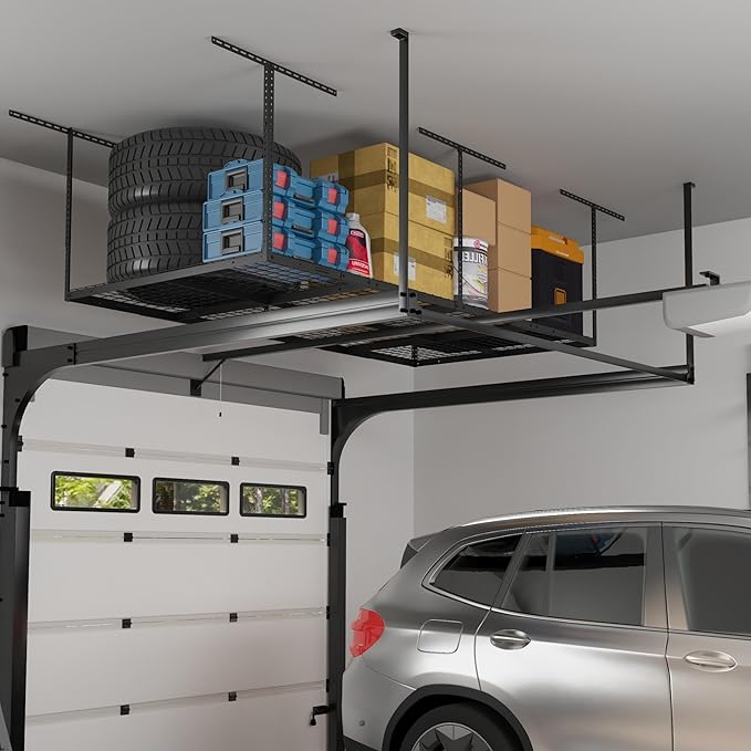 FLEXIMOUNTS 4x8 Overhead Garage Storage Rack, Adjustable Organization System, Heavy-Duty Metal Ceiling Racks, 750lbs Weight Capacity, Black