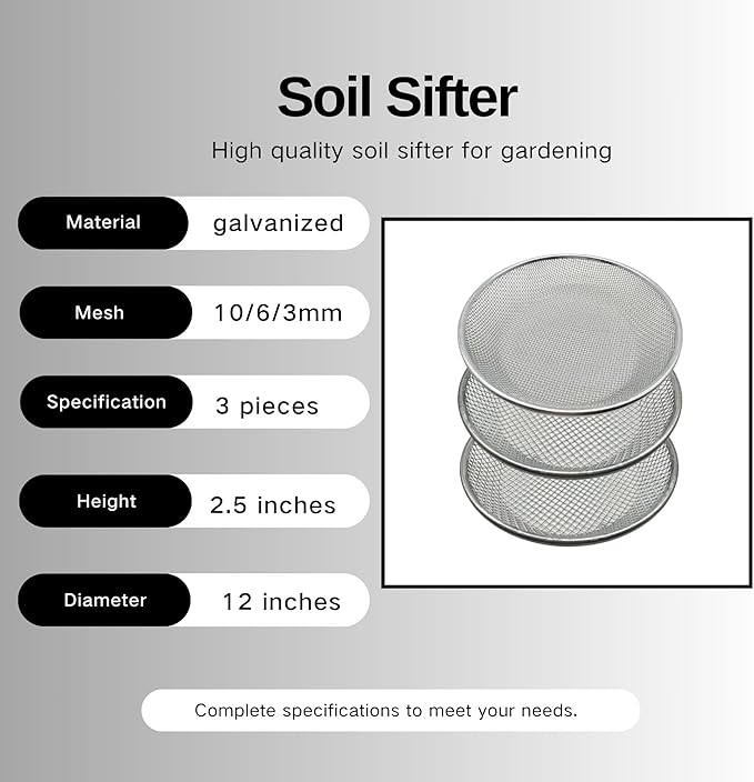 3 PCS Soil Sieve for Garen -12 inches Soil Sifter for Rocks Compost Suitable for 5 Gallon Drums 10mm，6mm，3mm
