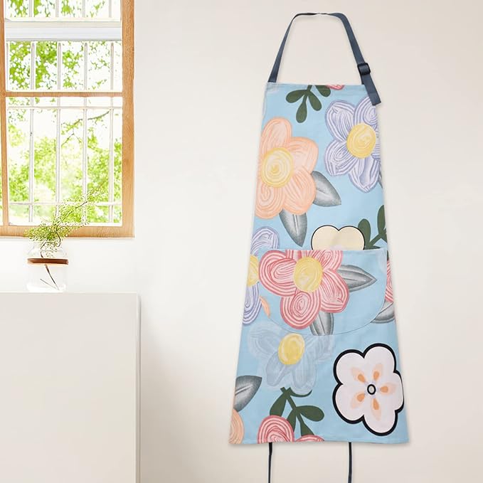 2 Pack Floral Apron for Women with Pockets, Adjustable Cotton Chef Aprons for Kitchen, Cooking, BBQ & Grill
