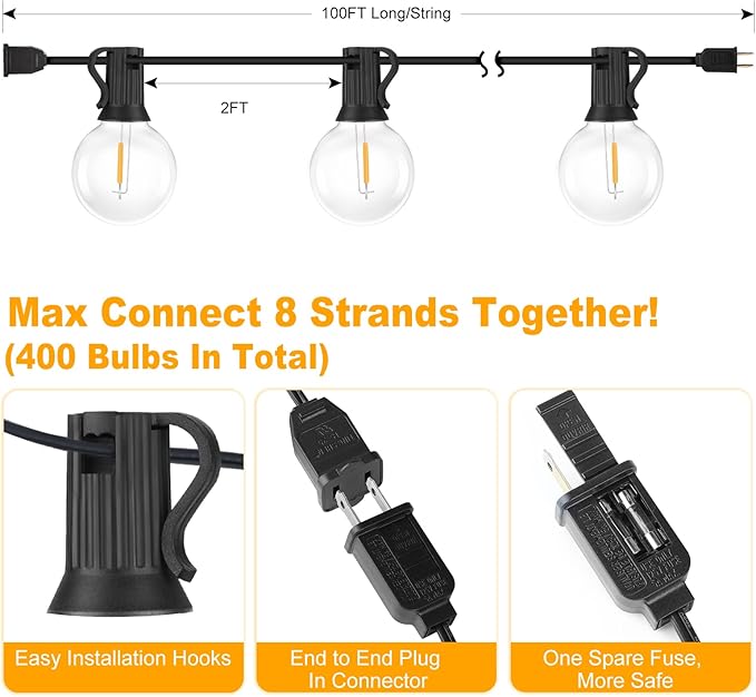 200ft(100 * 2) Outdoor G40 LED Globe String Lights Dimmable Waterproof Shatterproof Light Strings with 103 Bulbs Connectable Commercial Hanging Lights for Christmas Patio House Backyard Balcony Party