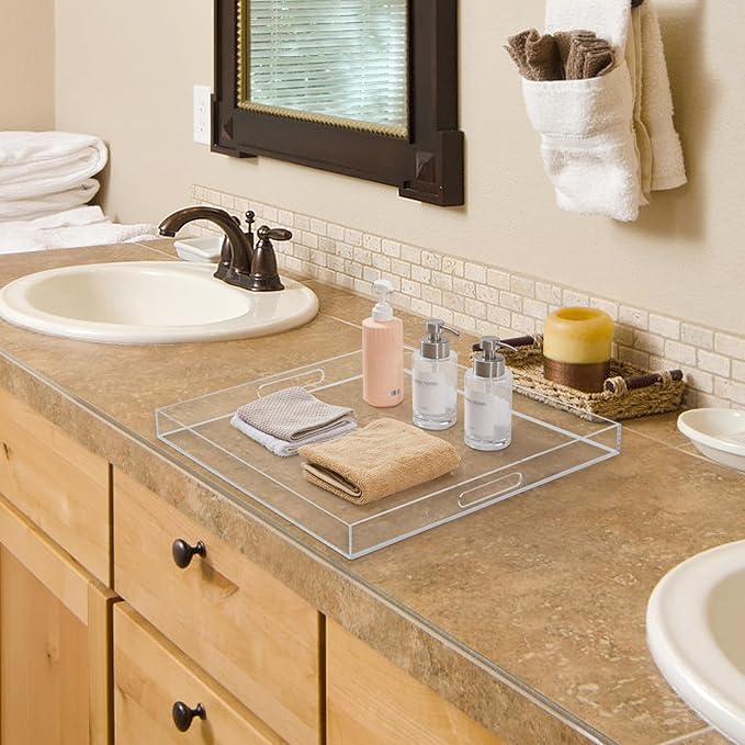 16×16 inches Oversized Clear Acrylic Ottoman Tray Extra Large Decorative Tray Spill-Proof Serving Trays with Handles King-Size Safe Edge Organizer for Coffee Table Countertop Breakfast