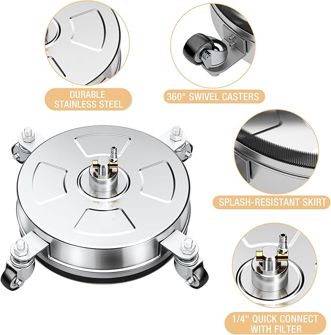 14" Pressure Washer Surface Cleaner with 4 Wheels, Stainless Steel Housing, 4000 PSI Max, 3 Connect Nozzles & 2 Extension Wands, Pressure Washer Surface Cleaner for Concrete, Patios, Sidewalks