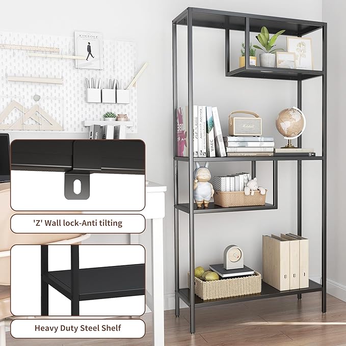 Metal Storage Shelving Unit, Decorative Geometric Bookcase, Modern Freestanding Display Shelves, Tall Book Shelf Unit for Living Room Bedroom Office, Easy Assembly