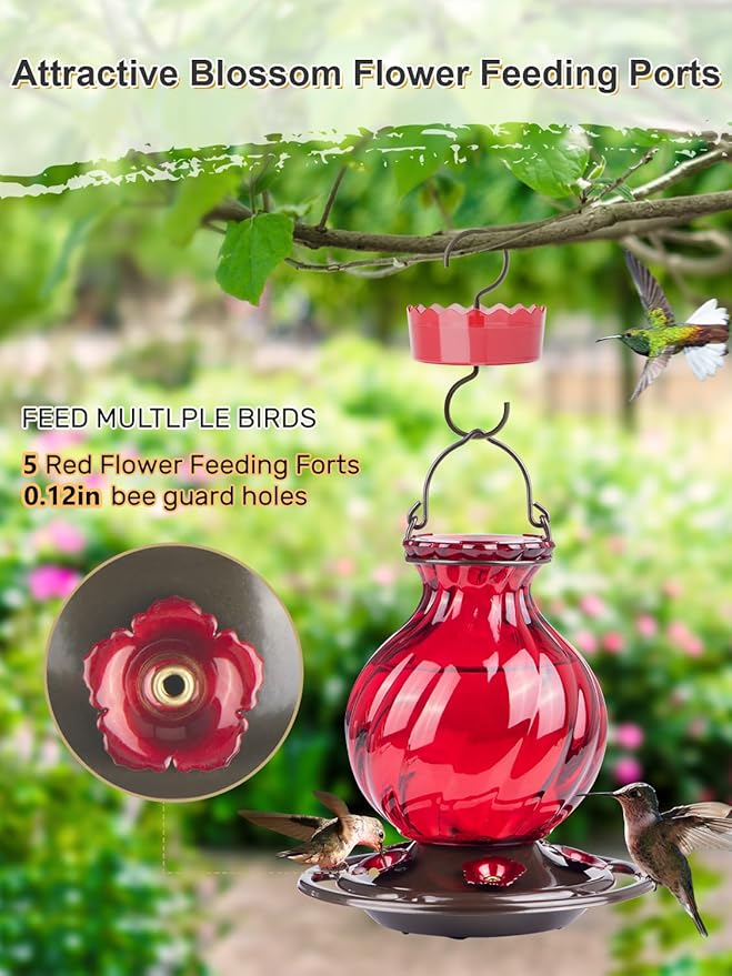 Hummingbird Feeder, Auslar 26 Ounces Glass Hummingbird Feeders for Outdoors Hanging Ant and Bee Proof, Ant Moat & 5 Flower Feeding Ports, Rustproof, Leakproof, Netted Flower Bud Shape Bottle, Red
