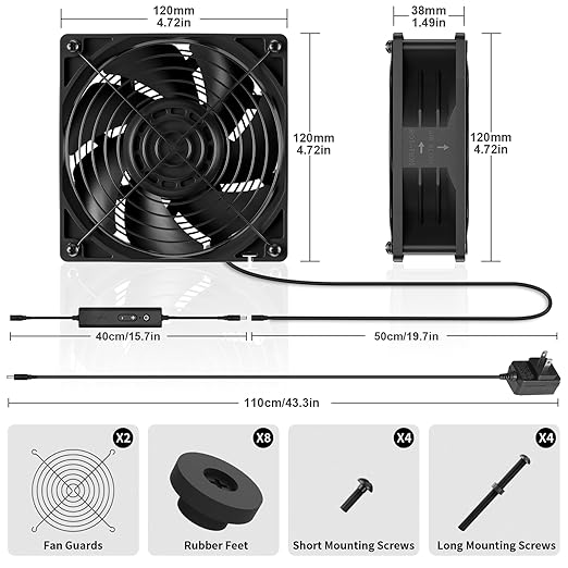 12V 120mm Muffin Fan, 5-Speed Adjustable - Dual Ball Bearing, 60000H Lifespan - Ideal for Doorways, Greenhouses, Cabinets, Electronics